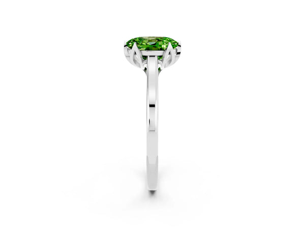 Silver Oval Cut Peridot Solitaire Ring with Flower Prong Setting and Classic Band