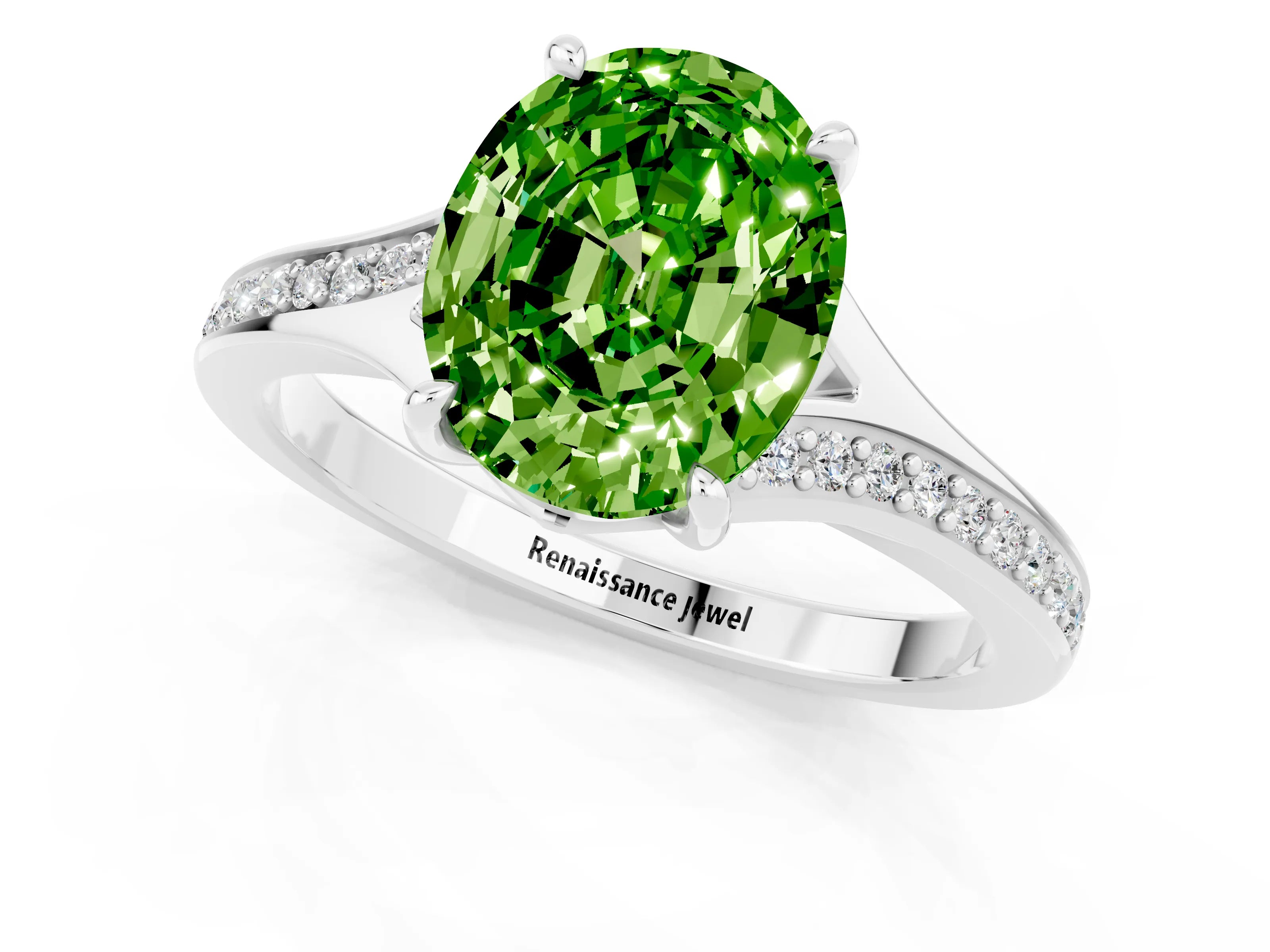 Silver Oval Cut Peridot Solitaire Ring with Pavé Band and Prong Setting_13
