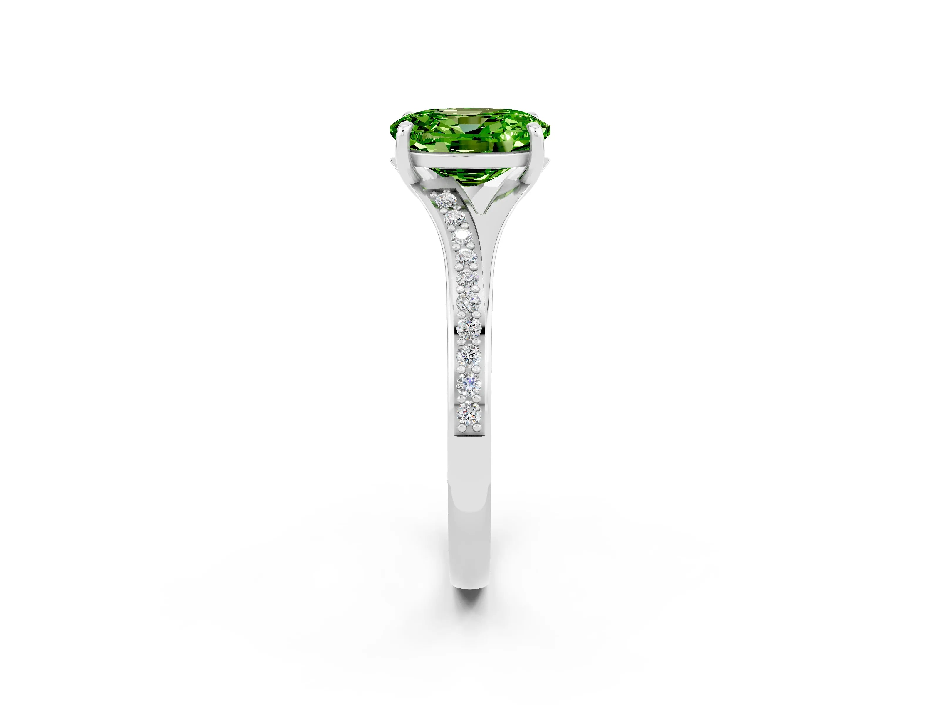 Silver Oval Cut Peridot Solitaire Ring with Pavé Band and Prong Setting_14