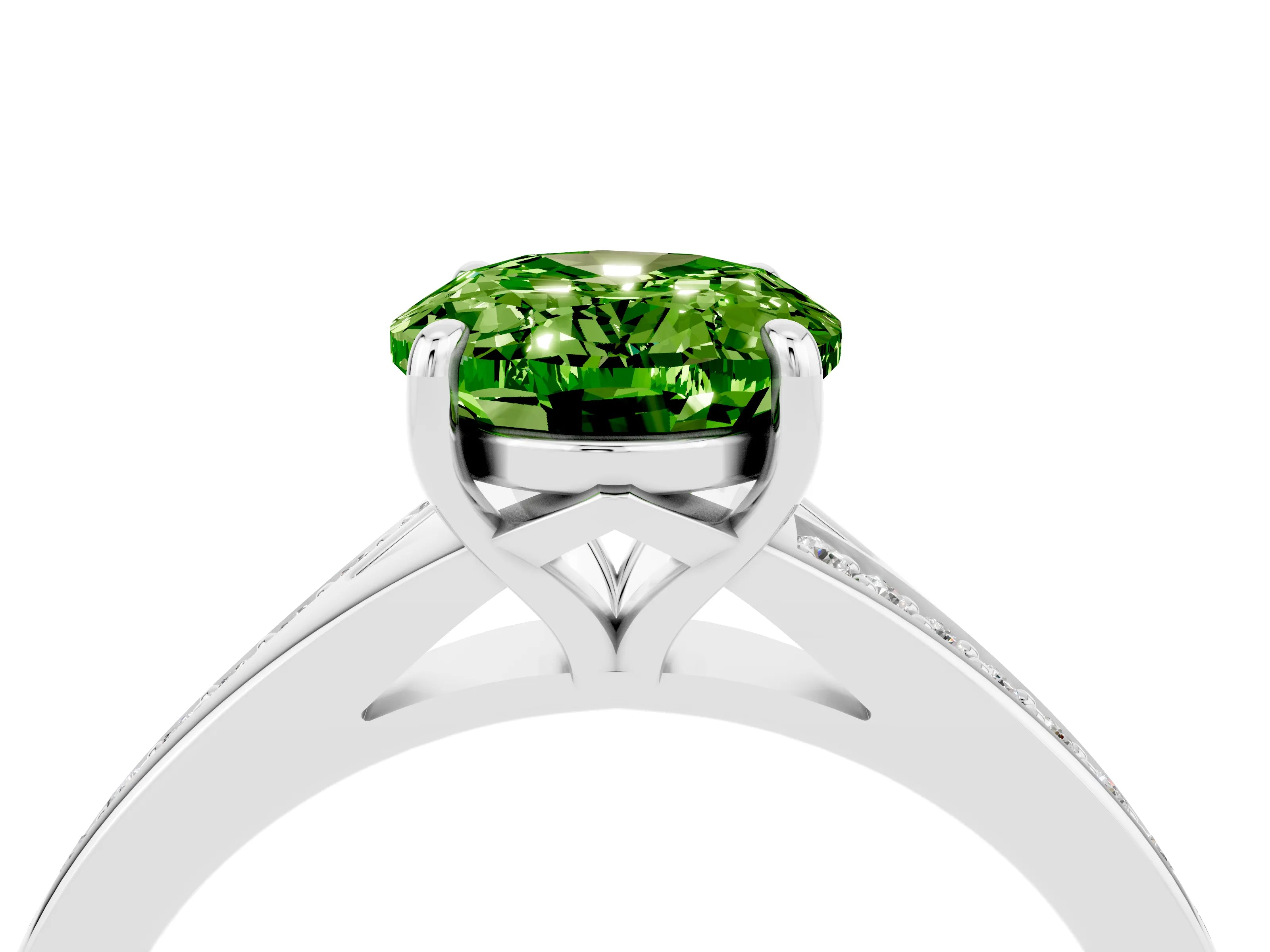 Silver Oval Cut Peridot Solitaire Ring with Pavé Band and Prong Setting_16