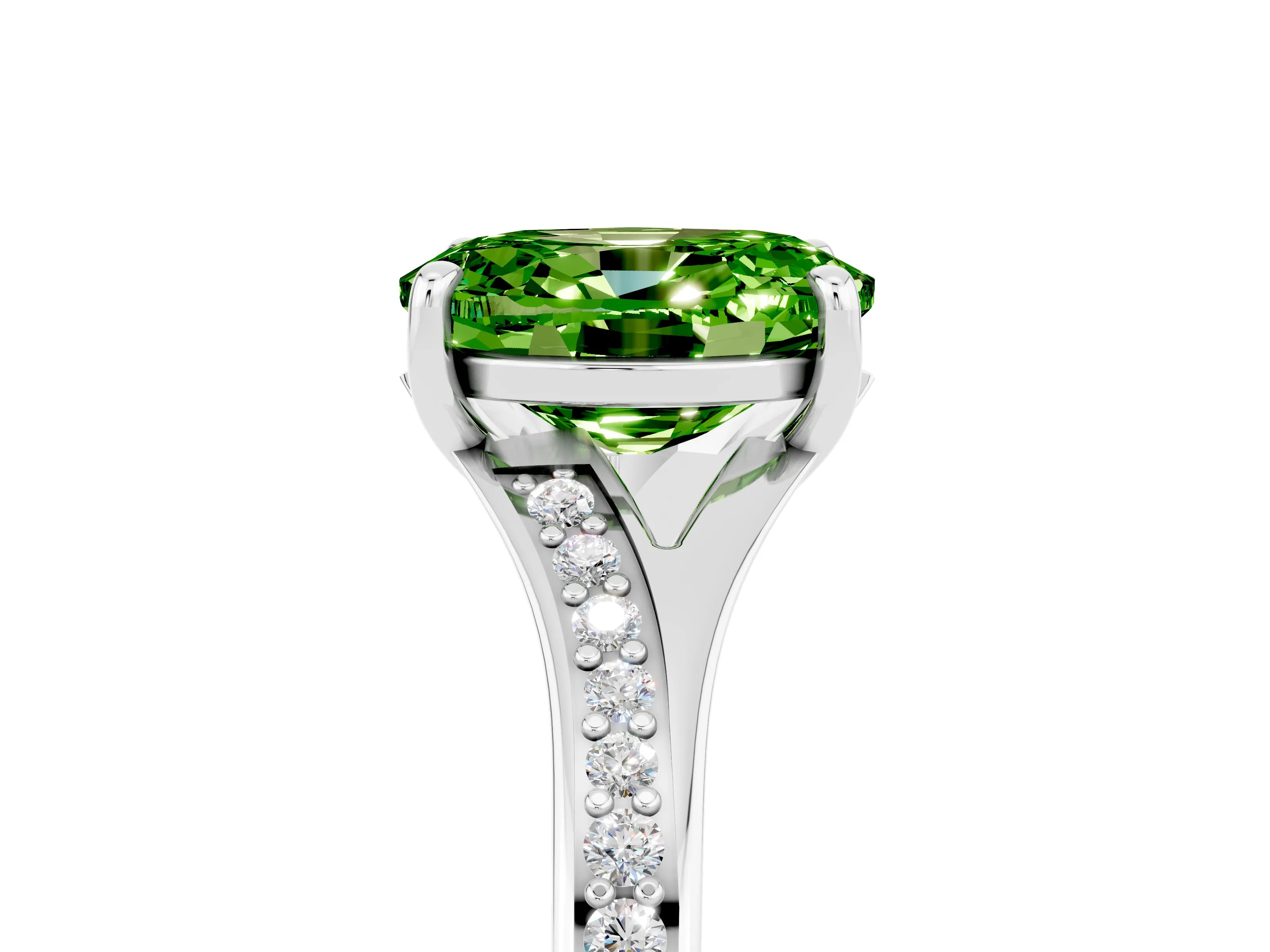 Silver Oval Cut Peridot Solitaire Ring with Pavé Band and Prong Setting_17