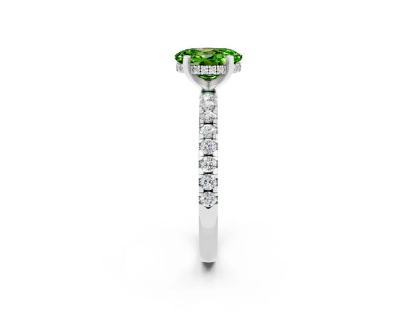 Silver Oval Cut Peridot Solitaire Ring with Round Pavé Band and Four-Prong Setting