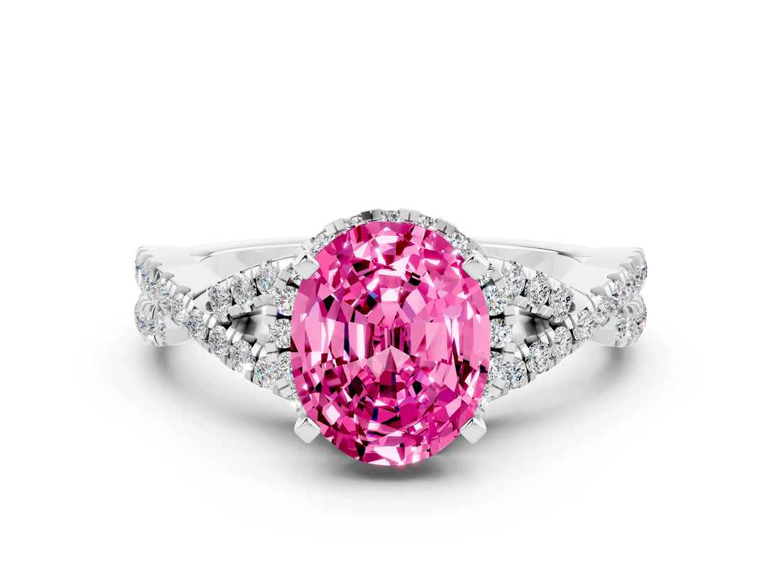 Silver Oval Cut Pink Sapphire  Halo Twist Band Solitaire Prong Setting Ring_12