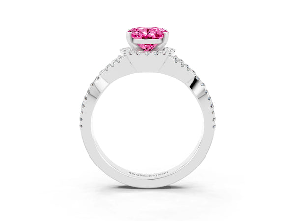 Silver Oval Cut Pink Sapphire  Halo Twist Band Solitaire Prong Setting Ring
