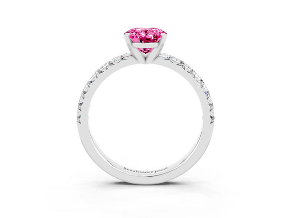 Silver Oval Cut Pink Sapphire Solitaire Pavé Engagement Ring with Round Band and Prong Setting