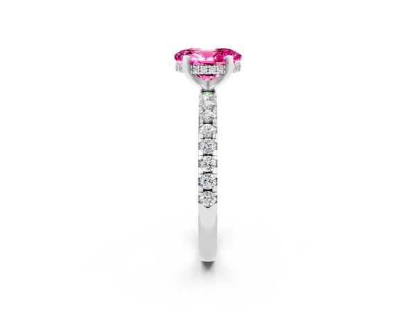 Silver Oval Cut Pink Sapphire Solitaire Ring with Round Pavé Band and Four-Prong Setting