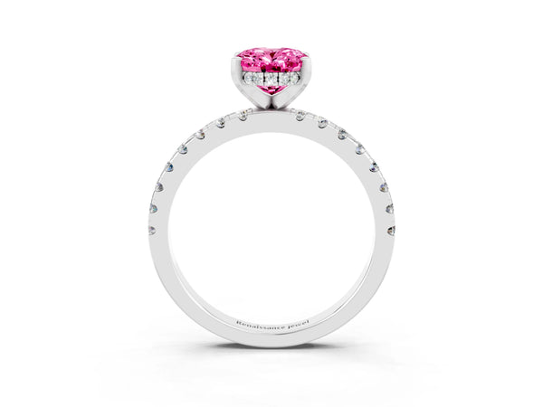 Silver Oval Cut Pink Sapphire Solitaire Ring with Round Pavé Band and Four-Prong Setting