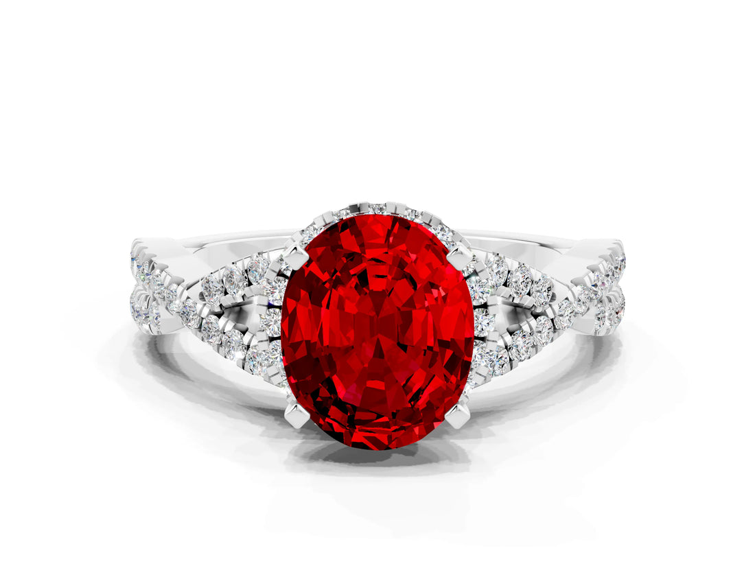 Silver Oval Cut Ruby  Halo Twist Band Solitaire Prong Setting Ring_12