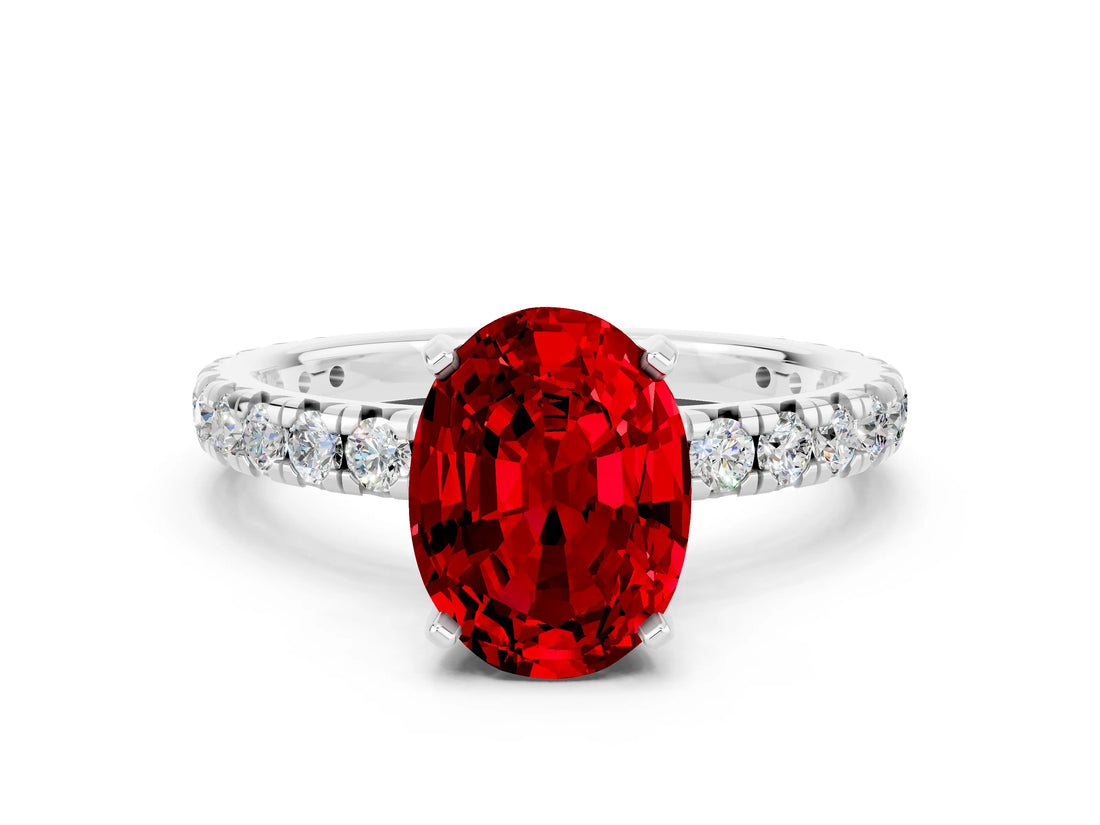 Silver Oval Cut Ruby Pavé Solitaire Ring with Round Band and Prong Setting_42