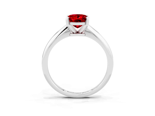 Silver Oval Cut Ruby Solitaire Engagement Ring with Classic Band and Four-Prong Setting