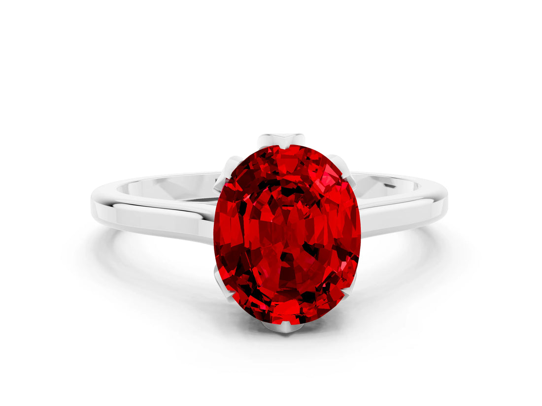 Silver Oval Cut Ruby Solitaire Ring with Flower Prong Setting and Classic Band