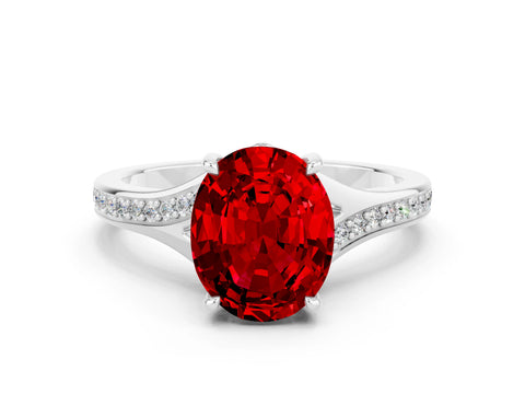 Silver Oval Cut Ruby Solitaire Ring with Pavé Band and Prong Setting_12