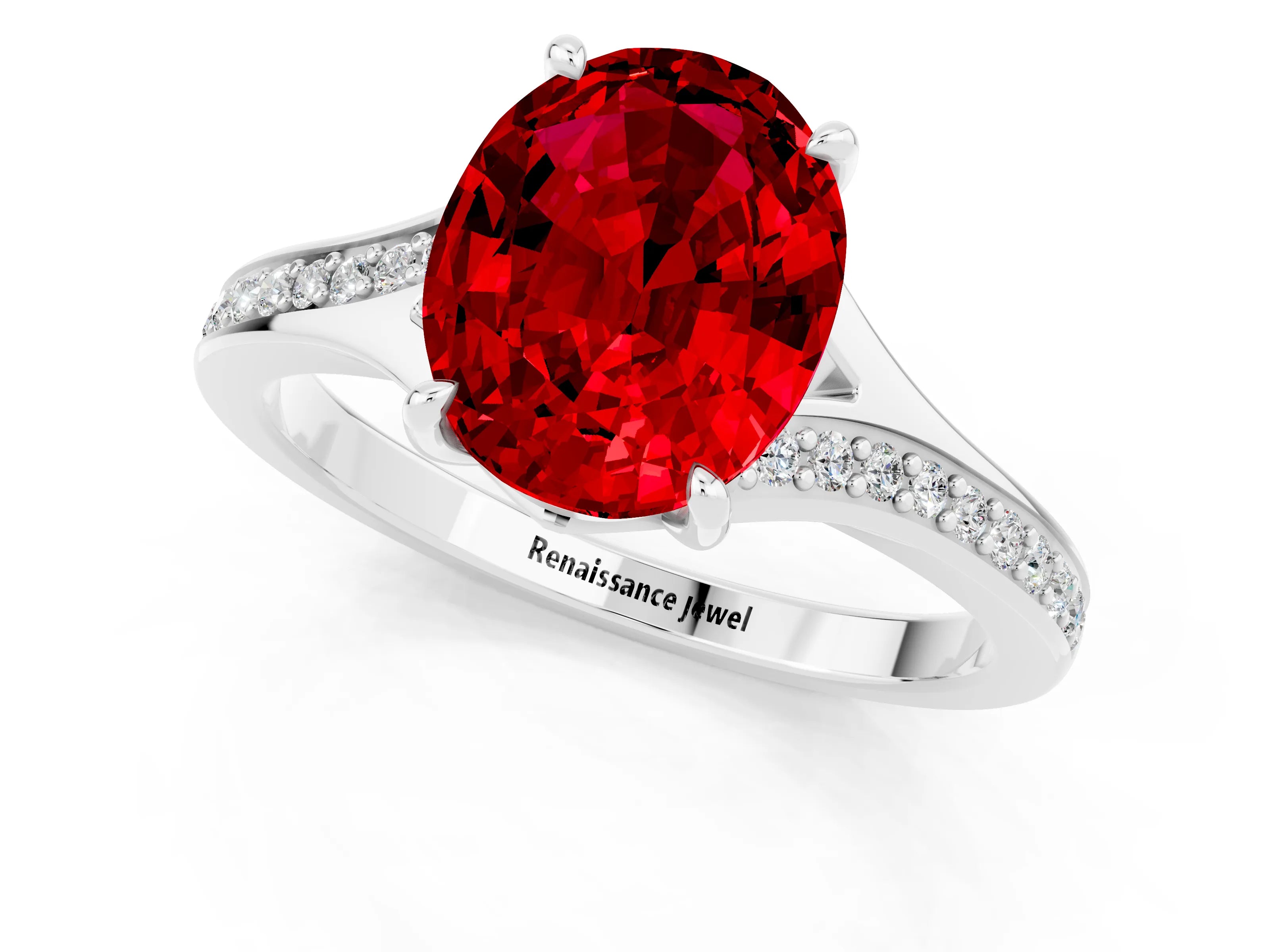 Silver Oval Cut Ruby Solitaire Ring with Pavé Band and Prong Setting_13