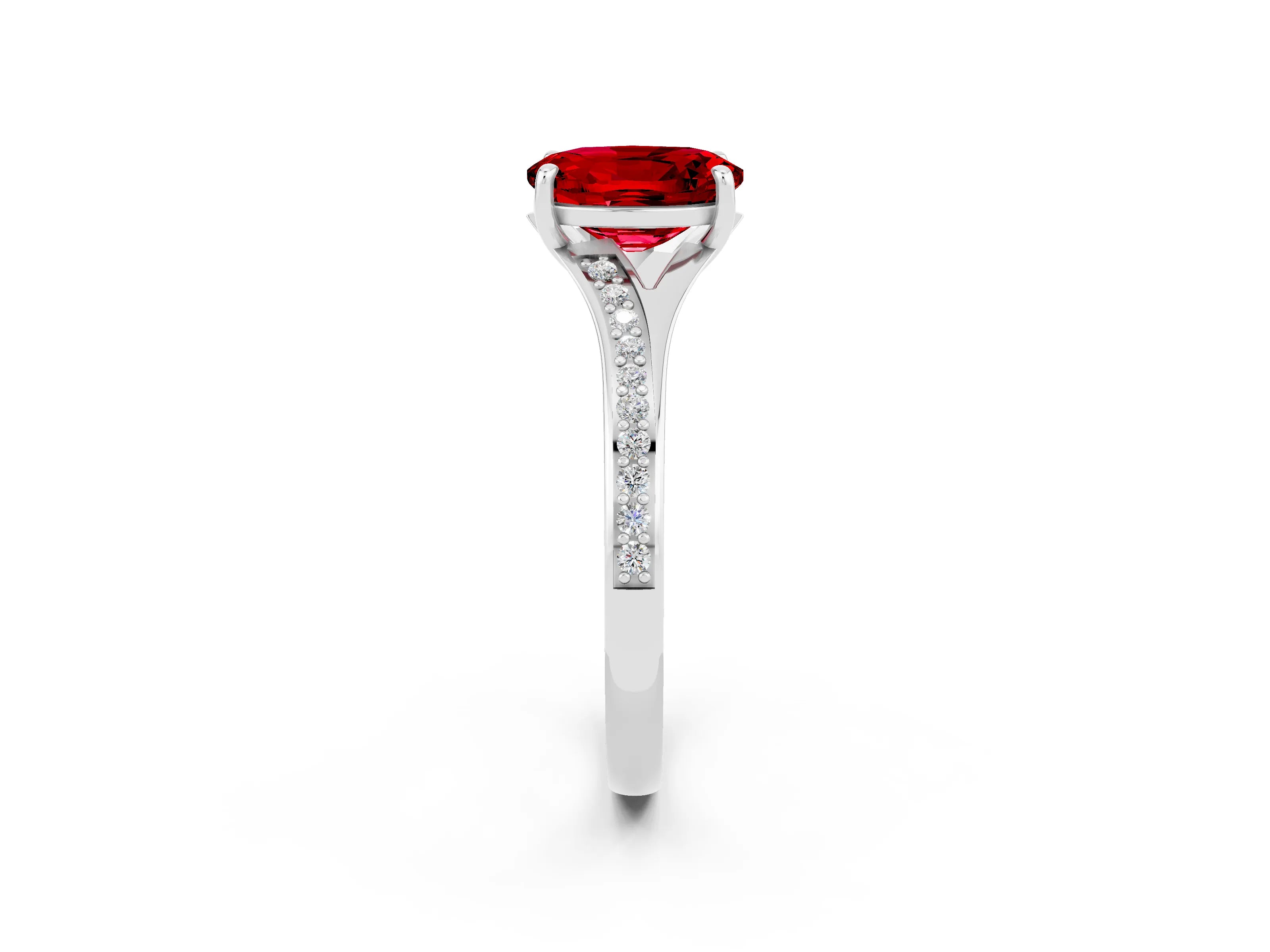 Silver Oval Cut Ruby Solitaire Ring with Pavé Band and Prong Setting_14