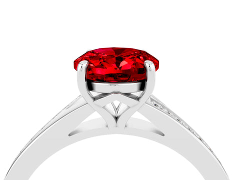 Silver Oval Cut Ruby Solitaire Ring with Pavé Band and Prong Setting_16