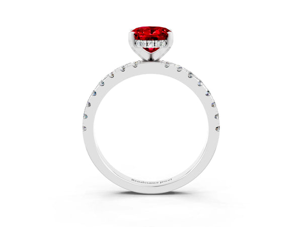 Sterling Silver Oval Lab-Grown Ruby Hidden Halo Engagement Ring with Pave Band