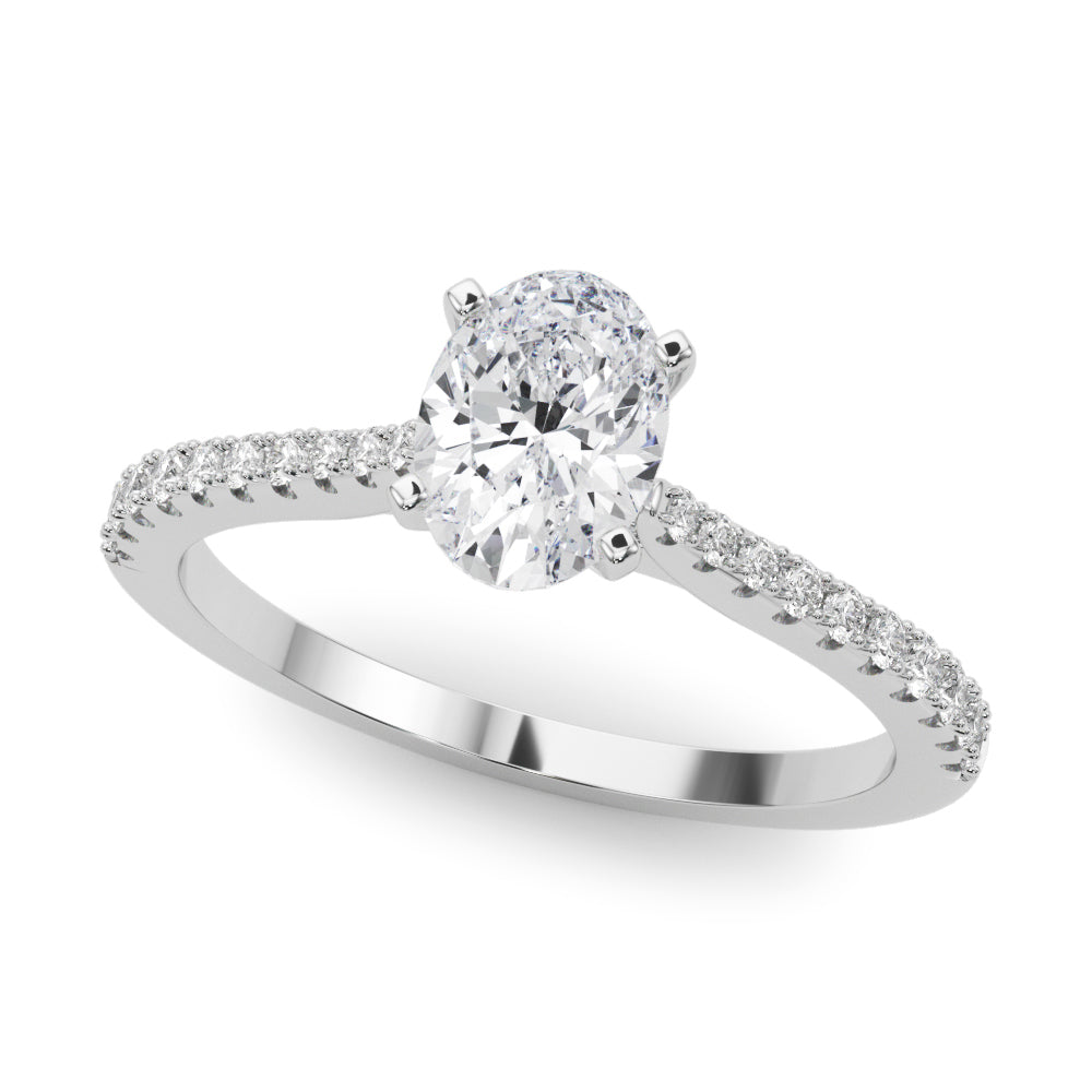 Silver Oval Cut Solitaire Diamond Engagement Ring with Pave Band and Four-Prong Setting 2