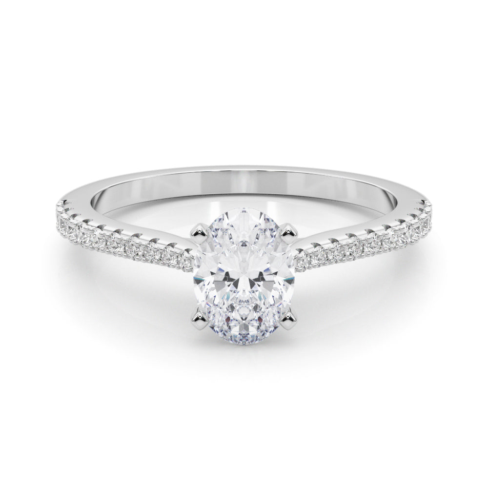 Silver Oval Cut Solitaire Diamond Engagement Ring with Pave Band and Four-Prong Setting