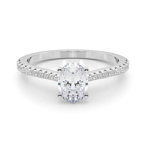 Silver Oval Cut Solitaire Diamond Engagement Ring with Pave Band and Four-Prong Setting