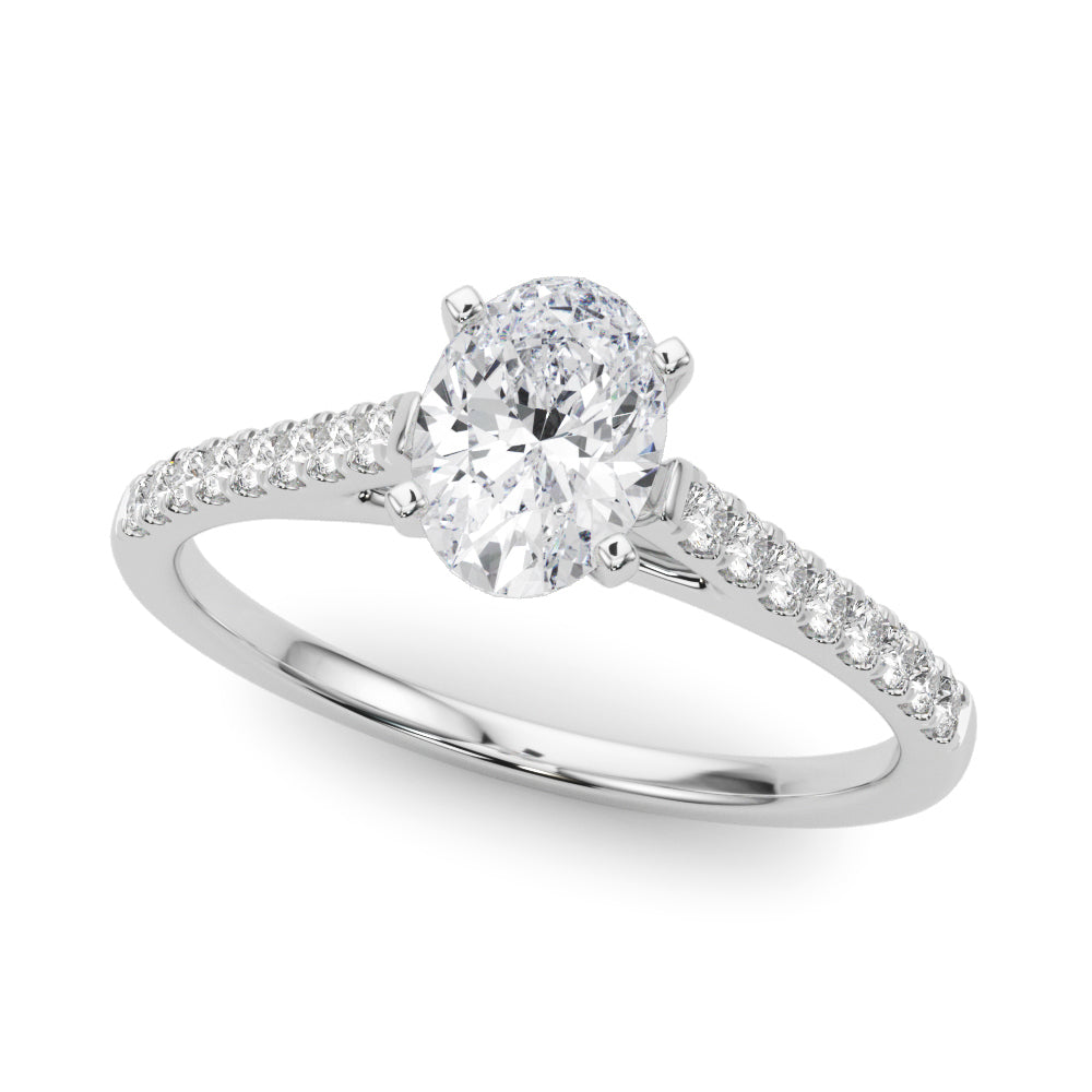 Silver Oval Cut Solitaire Diamond Ring with Pave Band and Four-Prong Setting 2