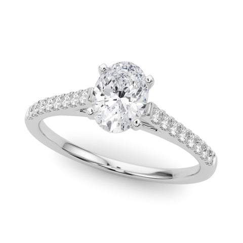 Silver Oval Cut Solitaire Diamond Ring with Pave Band and Four-Prong Setting 2