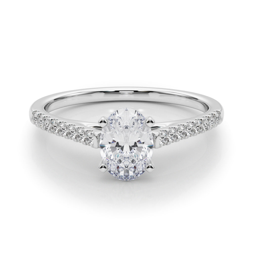 Silver Oval Cut Solitaire Diamond Ring with Pave Band and Four-Prong Setting