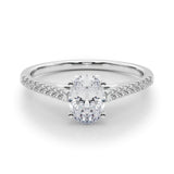 Silver Oval Cut Solitaire Diamond Ring with Pave Band and Four-Prong Setting