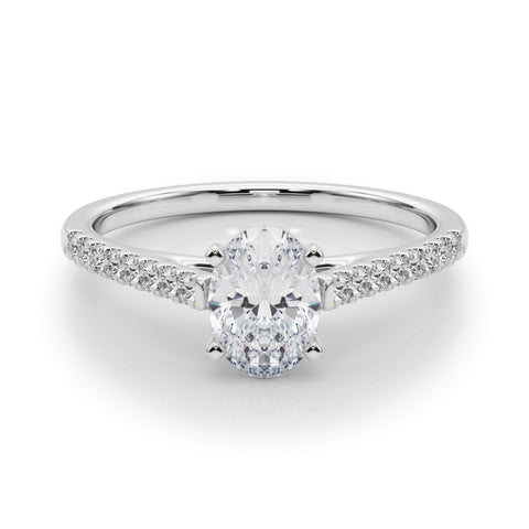 Silver Oval Cut Solitaire Diamond Ring with Pave Band and Four-Prong Setting