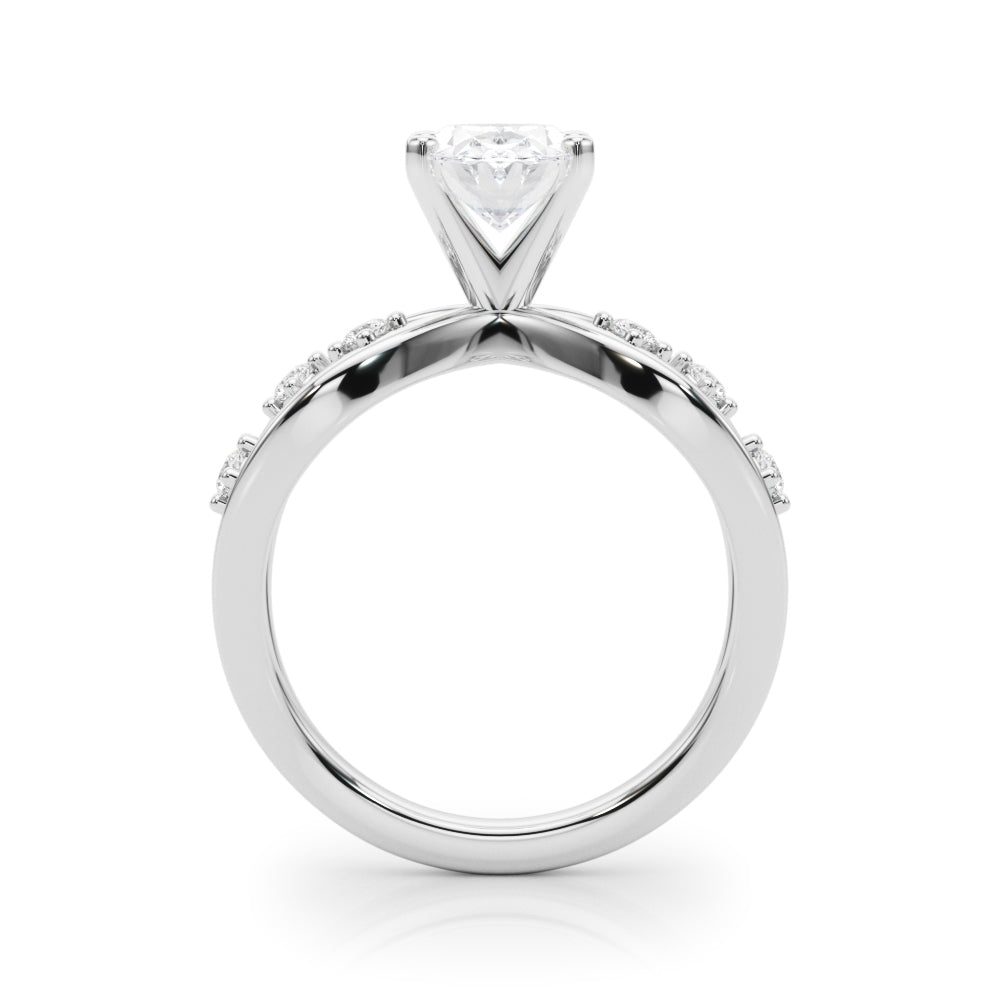 Silver Oval Cut Solitaire Diamond with Side Stones on Criss-Cross Band and Four-Prong Setting 1