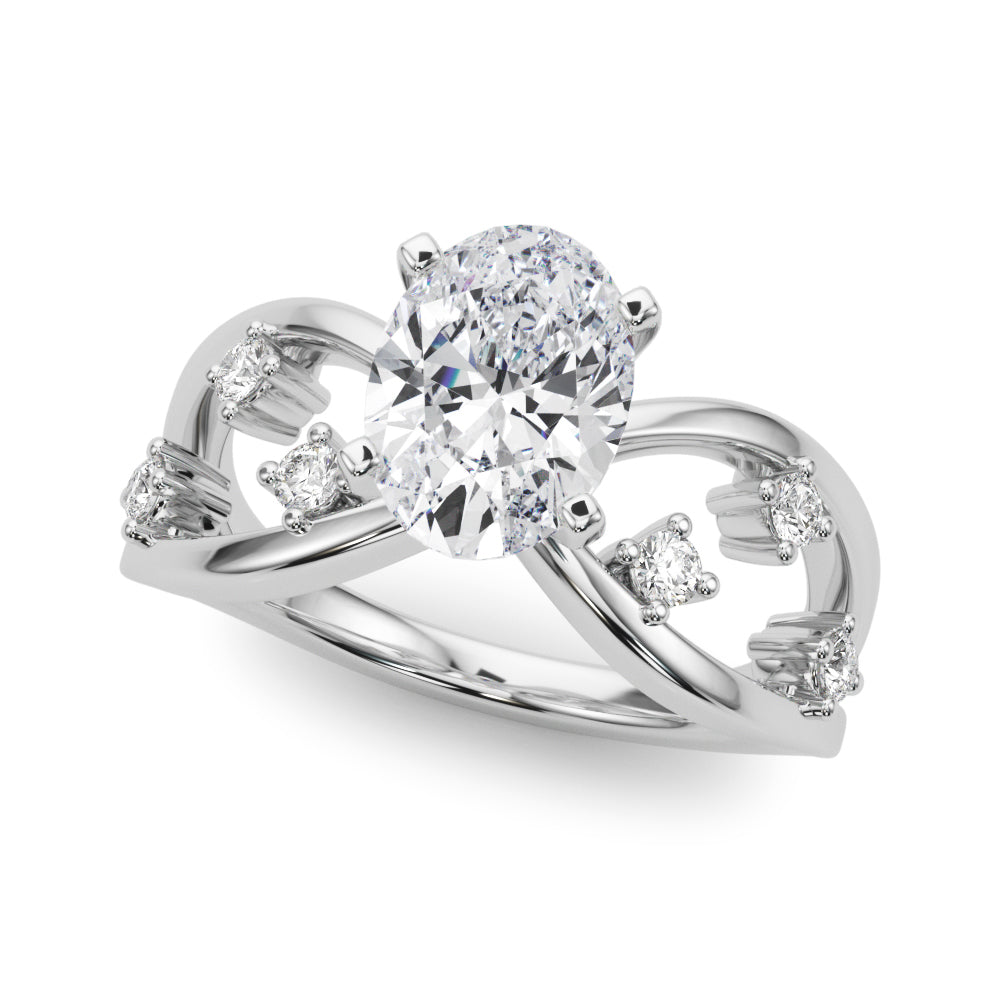 Silver Oval Cut Solitaire Diamond with Side Stones on Criss-Cross Band and Four-Prong Setting 2
