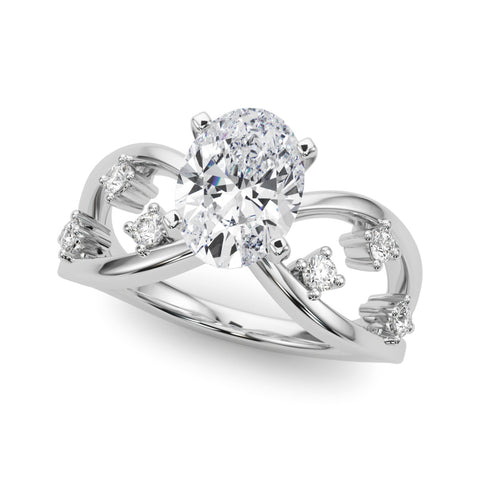 Silver Oval Cut Solitaire Diamond with Side Stones on Criss-Cross Band and Four-Prong Setting 2