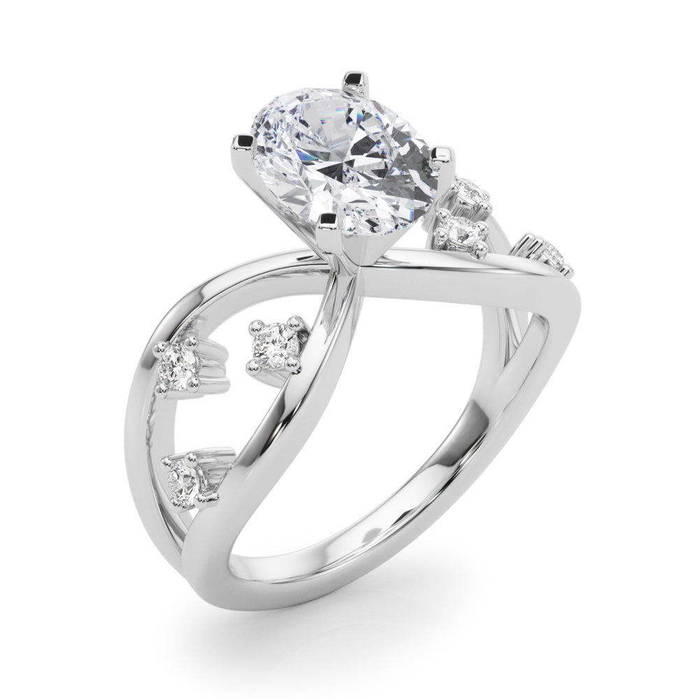 Silver Oval Cut Solitaire Diamond with Side Stones on Criss-Cross Band and Four-Prong Setting