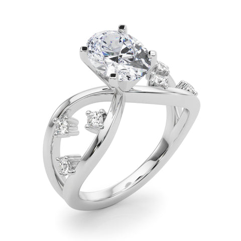 Silver Oval Cut Solitaire Diamond with Side Stones on Criss-Cross Band and Four-Prong Setting