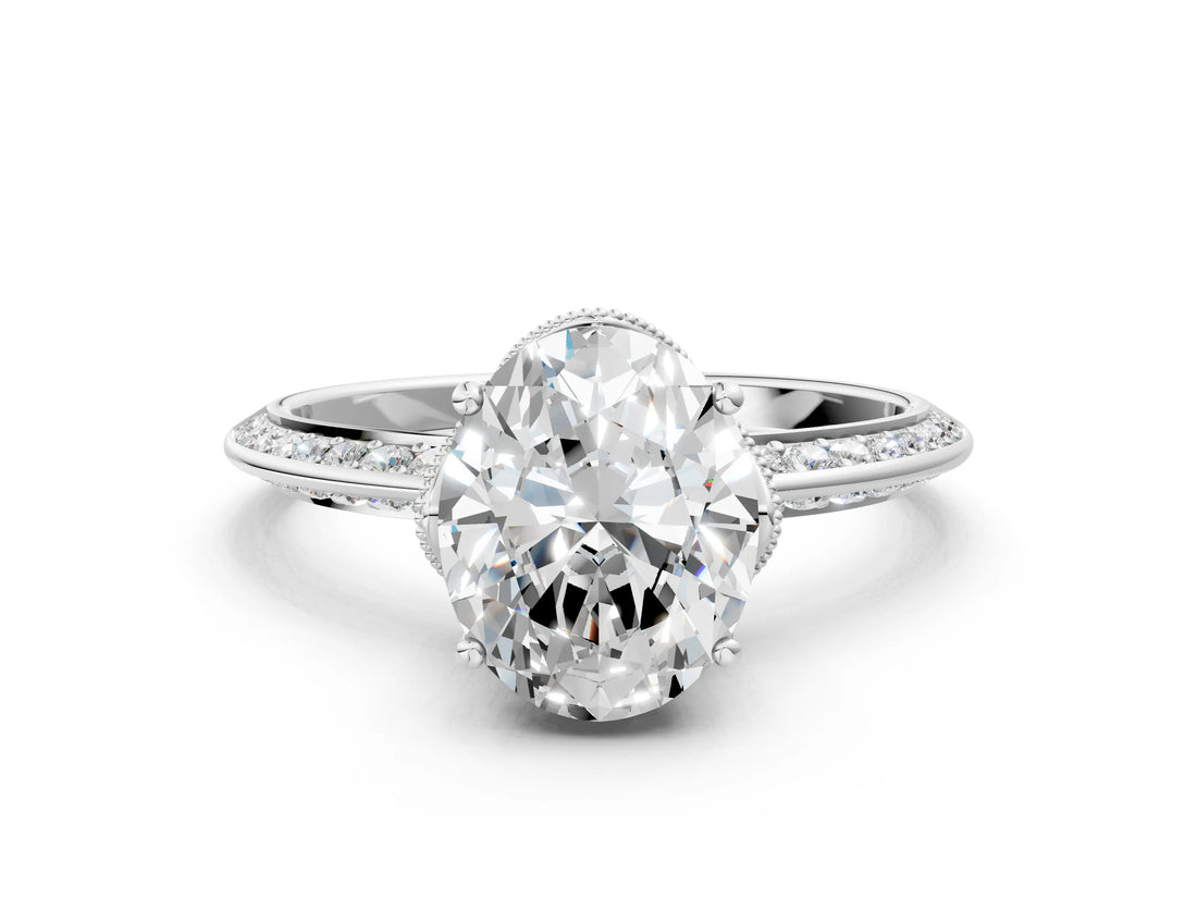 Silver Oval Cut Solitaire Split Shank Pave Diamond Engagement Ring with Four-Prong Setting_13