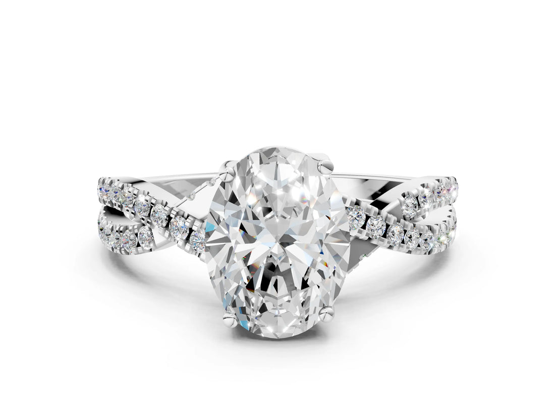 Silver Oval Cut Solitaire Twist Pave Diamond Engagement Ring with Prong Setting_19