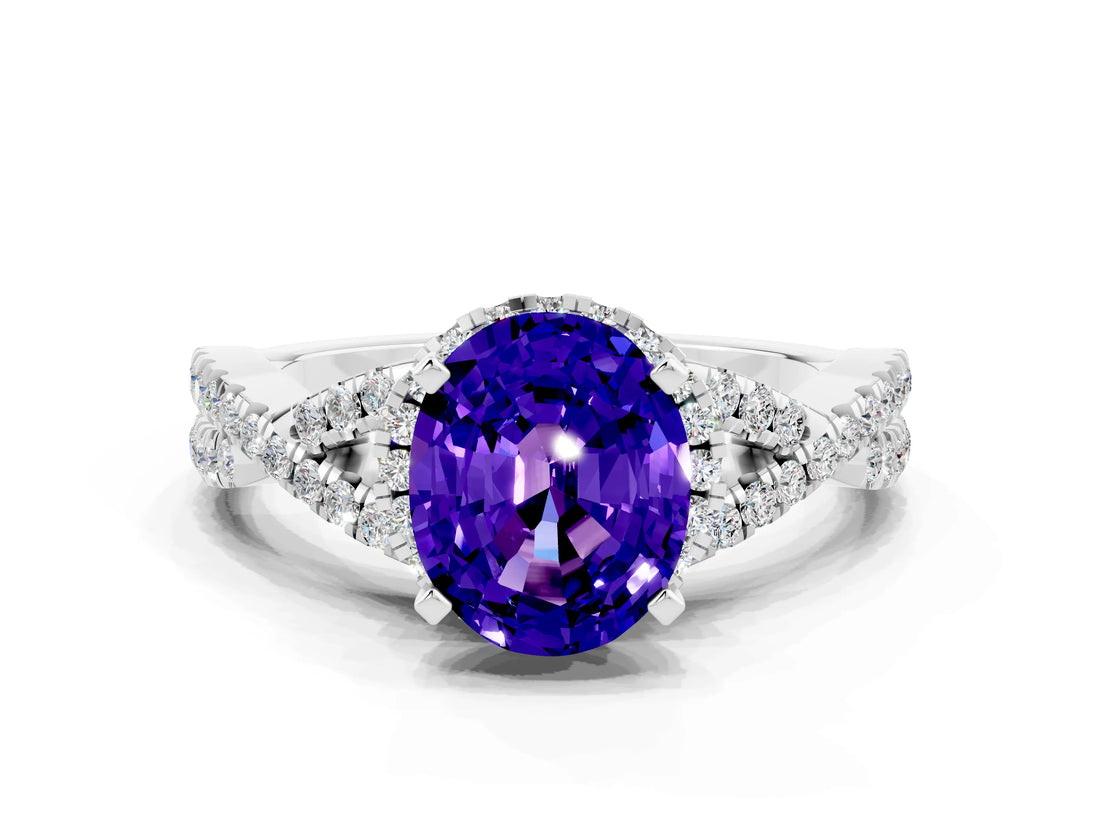 Silver Oval Cut Tanzanite  Halo Twist Band Solitaire Prong Setting Ring_12