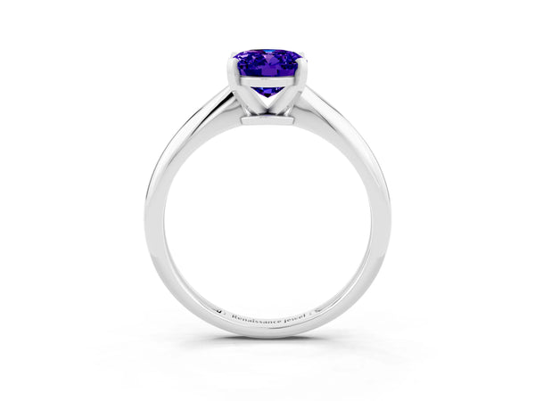 Silver Oval Cut Tanzanite Solitaire Engagement Ring with Classic Band and Four-Prong Setting