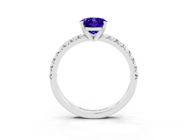 Silver Oval Cut Tanzanite Solitaire Pavé Engagement Ring with Round Band and Prong Setting