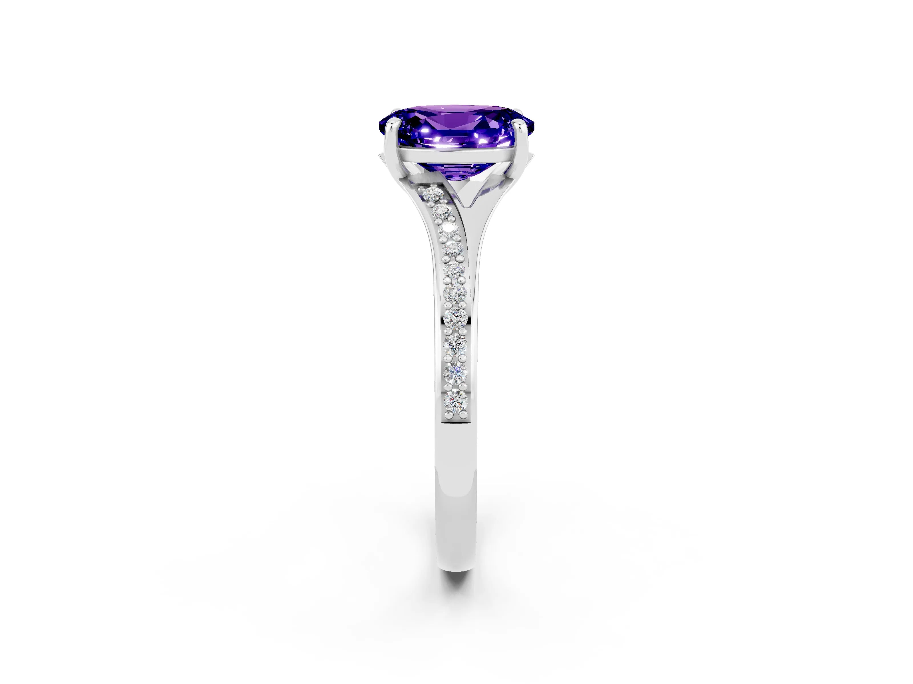 Silver Oval Cut Tanzanite Solitaire Ring with Pavé Band and Prong Setting_14