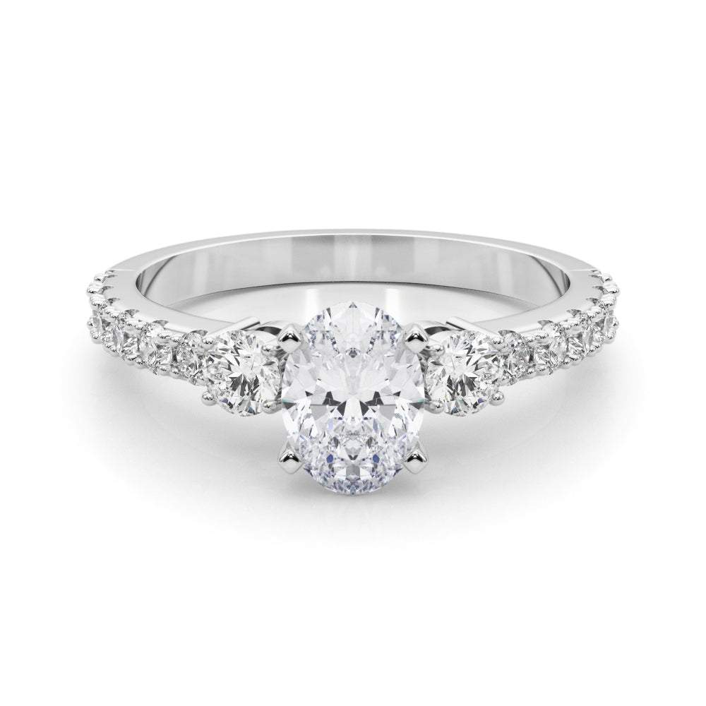 Silver Oval Cut Three-Stone Diamond Pavé Band with Prong Setting