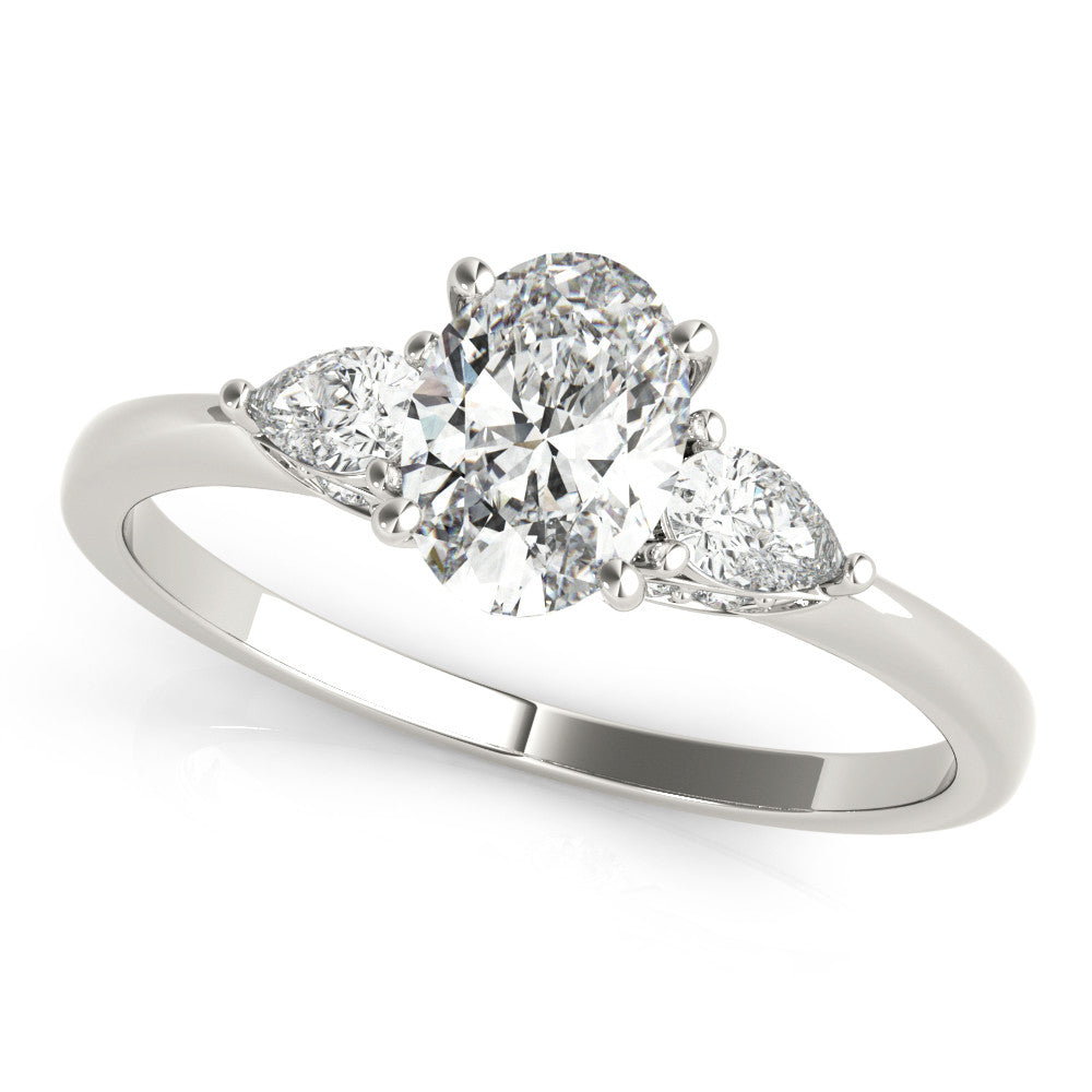Silver Oval Cut Three-Stone Diamond Ring with Pear Side Stones on a Classic Solitaire Band with Prong Setting 1