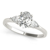 Silver Oval Cut Three-Stone Diamond Ring with Pear Side Stones on a Classic Solitaire Band with Prong Setting 1