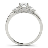 Silver Oval Cut Three-Stone Diamond Ring with Pear Side Stones on a Classic Solitaire Band with Prong Setting