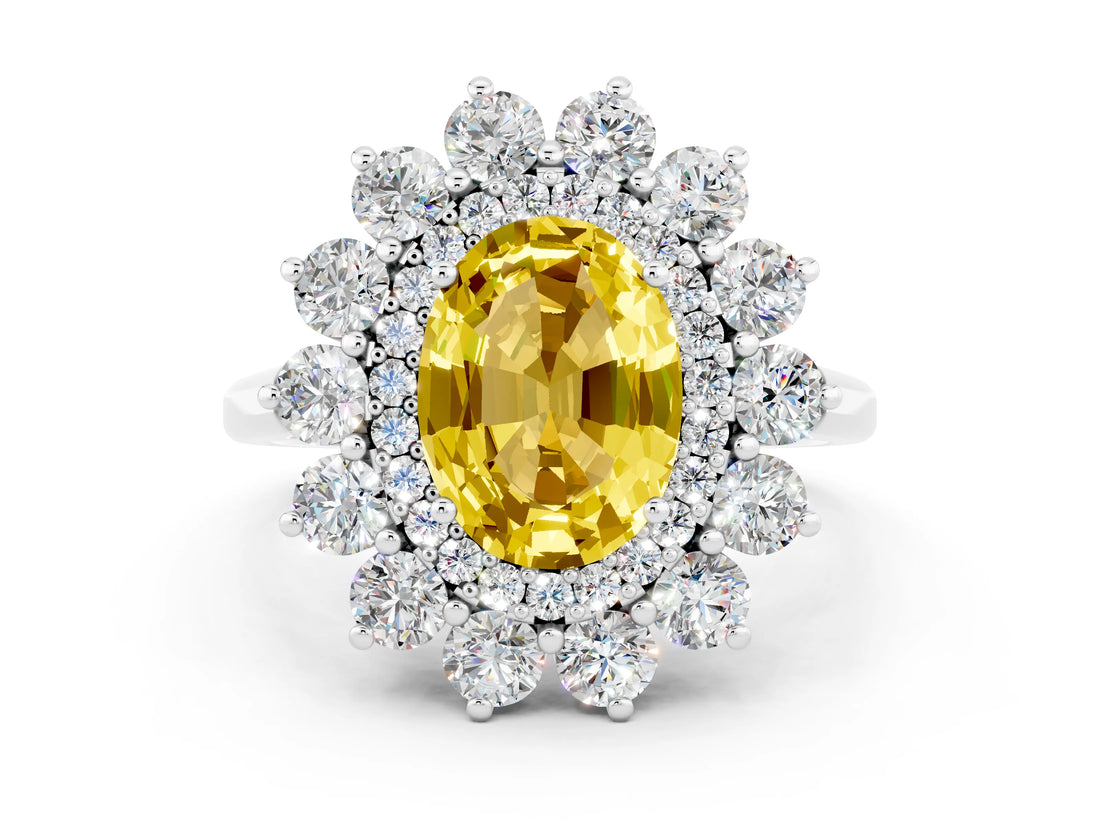Silver Oval Cut Yellow Sapphire Floral Double Halo Engagement Ring with Prong Setting_138