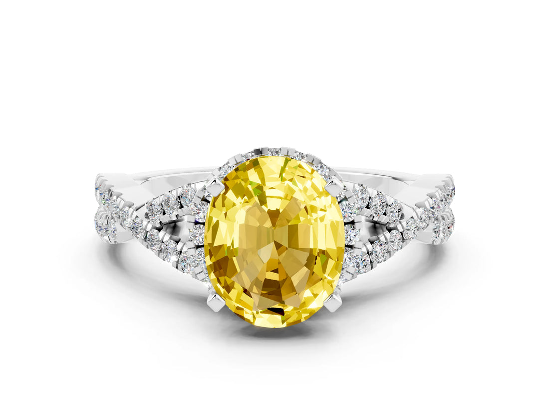 Silver Oval Cut Yellow Sapphire  Halo Twist Band Solitaire Prong Setting Ring_12