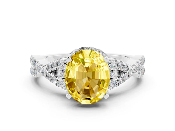 Silver Oval Cut Yellow Sapphire  Halo Twist Band Solitaire Prong Setting Ring