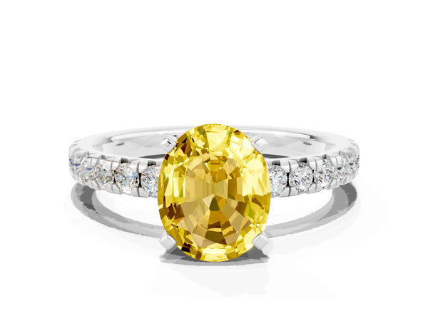 Silver Oval Cut Yellow Sapphire Solitaire Pavé Engagement Ring with Round Band and Prong Setting