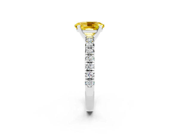 Silver Oval Cut Yellow Sapphire Solitaire Pavé Engagement Ring with Round Band and Prong Setting