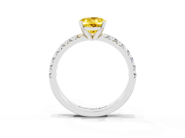 Silver Oval Cut Yellow Sapphire Solitaire Pavé Engagement Ring with Round Band and Prong Setting