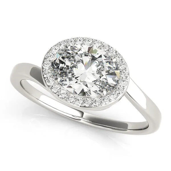 Silver Oval Diamond Bezel Halo Ring with Plain Band